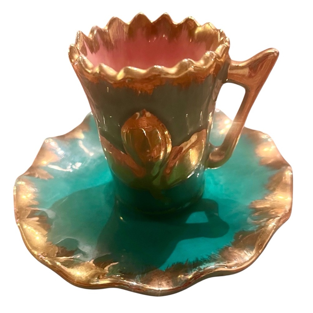 Elegant Teal Green, Gold and Pink Demitasse Cup and Saucer - no makers mark -EUC